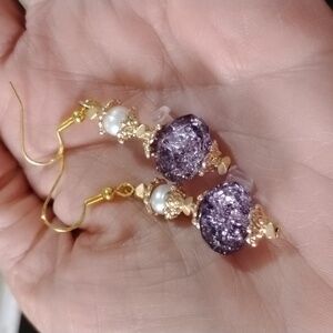 Tourmaline Purple Earrings With Gold And Pearl Accents Handmade